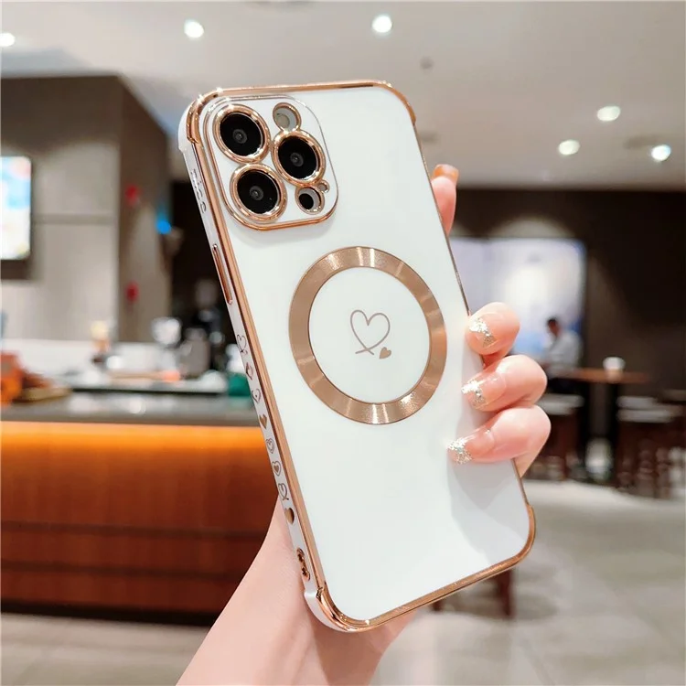 Para Iphone 15 Pro Case Compatible Con Magsafe Electroplacado TPU Telephone Cover Hollow Love Hearts - Blanco Marfil