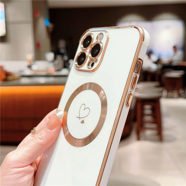 Para Iphone 15 Pro Case Compatible Con Magsafe Electroplacado TPU Telephone Cover Hollow Love Hearts - Blanco Marfil