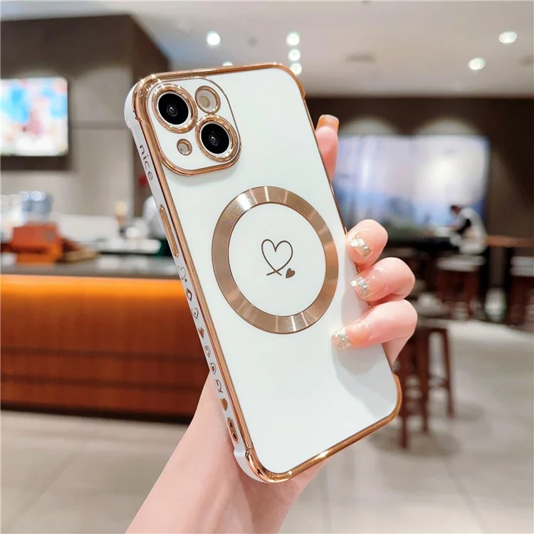 Para Iphone 15 Plus Case Compatible Con Magsafe Electroplacado TPU Telep Cover Hollow Love Hearts - Blanco Marfil