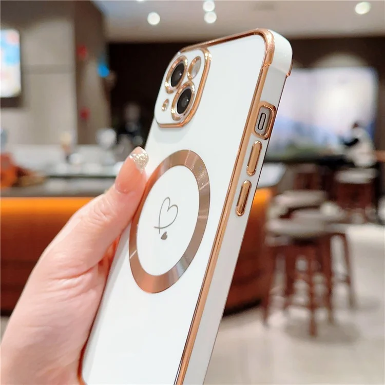 Para Iphone 15 Plus Case Compatible Con Magsafe Electroplacado TPU Telep Cover Hollow Love Hearts - Blanco Marfil