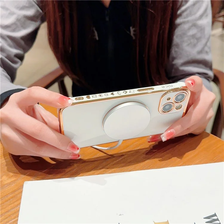 Para Iphone 15 Plus Case Compatible Con Magsafe Electroplacado TPU Telep Cover Hollow Love Hearts - Blanco Marfil