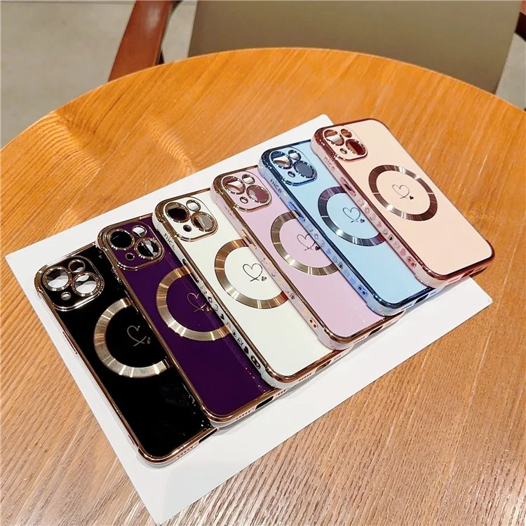 Para Iphone 15 Plus Case Compatible Con Magsafe Electroplacado TPU Telep Cover Hollow Love Hearts - Blanco Marfil