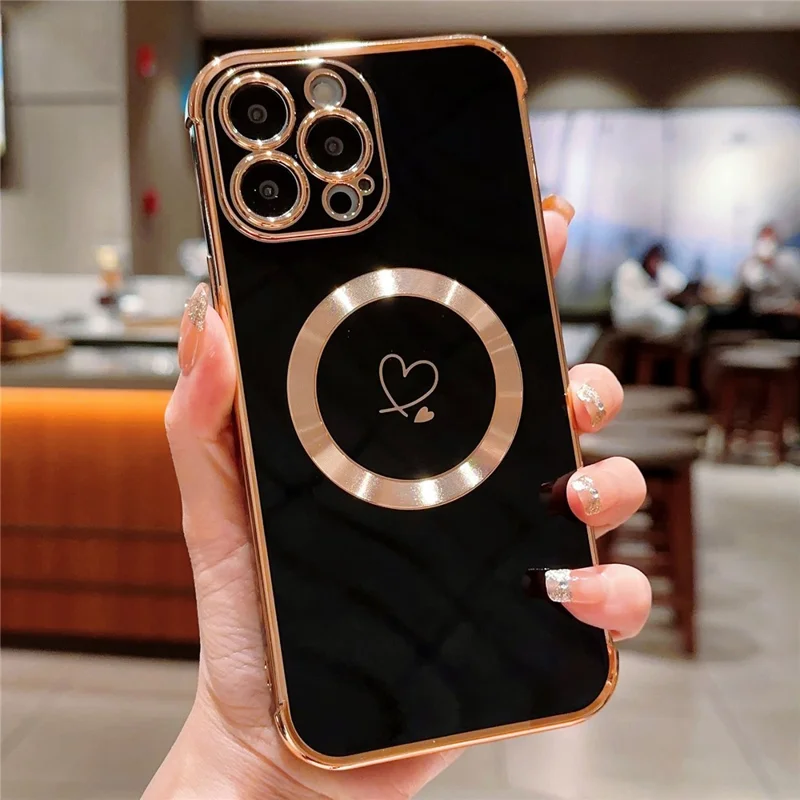 For iPhone 15 Pro Max Case Compatible with MagSafe Electroplated TPU Phone Cover Hollow Love Hearts -  Black