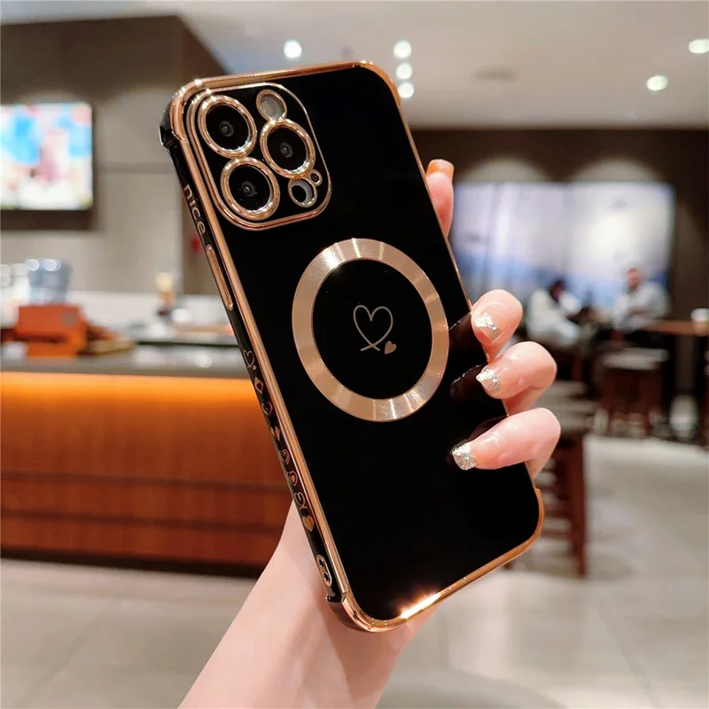 For iPhone 15 Pro Max Case Compatible with MagSafe Electroplated TPU Phone Cover Hollow Love Hearts -  Black