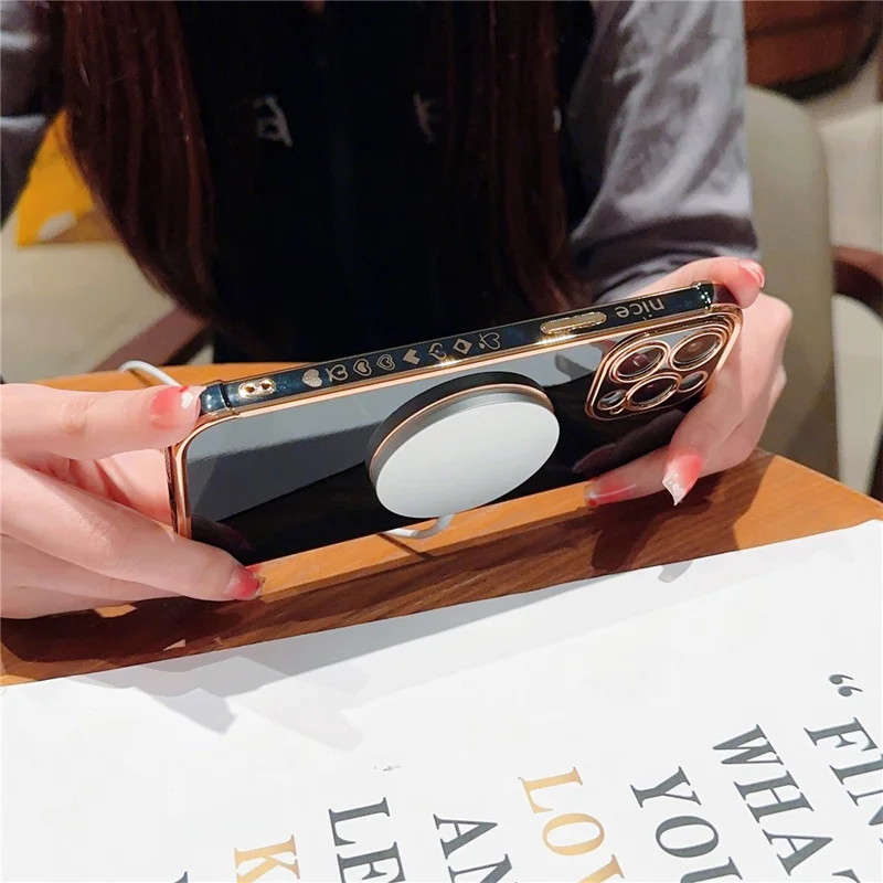 For iPhone 15 Pro Max Case Compatible with MagSafe Electroplated TPU Phone Cover Hollow Love Hearts -  Black