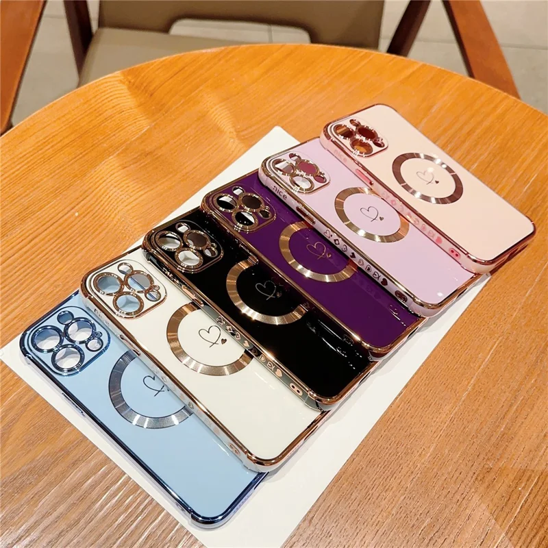 For iPhone 15 Pro Max Case Compatible with MagSafe Electroplated TPU Phone Cover Hollow Love Hearts -  Black