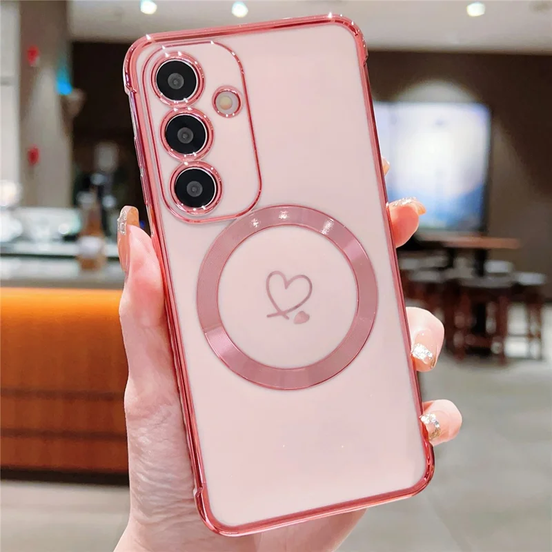Coque compatible avec Samsung Galaxy S23 FE, compatible avec MagSafe, boîtier de téléphone en TPU électroplaqué avec cœurs creux - Rose Foncé