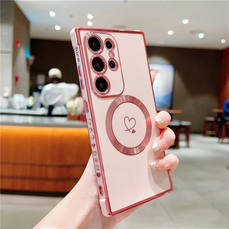 Étui compatible avec Samsung Galaxy S24 Ultra avec MagSafe Revêtement électrolytique en TPU Couvercle de téléphone avec cœurs creux - Rose