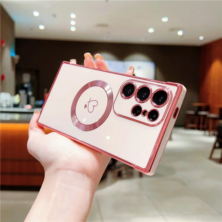 Étui compatible avec Samsung Galaxy S24 Ultra avec MagSafe Revêtement électrolytique en TPU Couvercle de téléphone avec cœurs creux - Rose