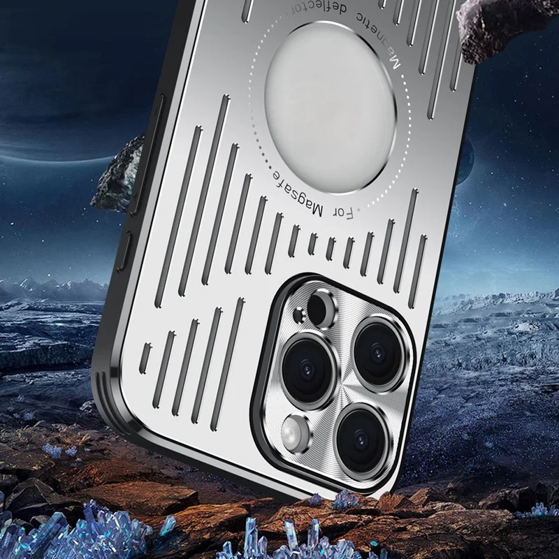 For iPhone 16 Pro Max Case Back Hollow Heat Dissipation Aluminum Alloy Phone Cover - Silver