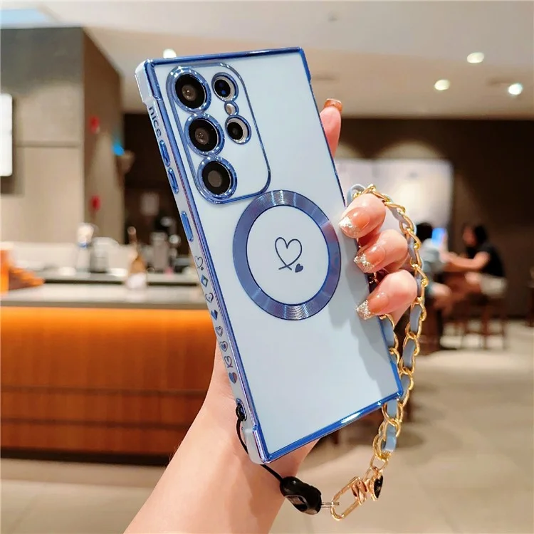 Para Samsung Galaxy S24 Ultra Case Compatível com MagSafe Electroplated Love Hearts TPU Phone Cover com Alça de Corrente - Azul