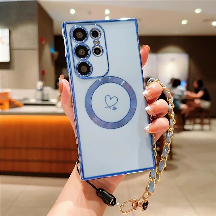Para Samsung Galaxy S24 Ultra Case Compatível com MagSafe Electroplated Love Hearts TPU Phone Cover com Alça de Corrente - Azul