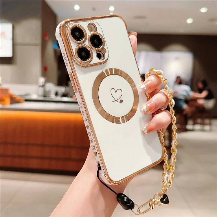 Para Iphone 15 Pro Case Compatible Con Magsafe Electroplacado Love Hearts Tpu Telep Cortada Con Correa de Cadena - Blanco Marfil