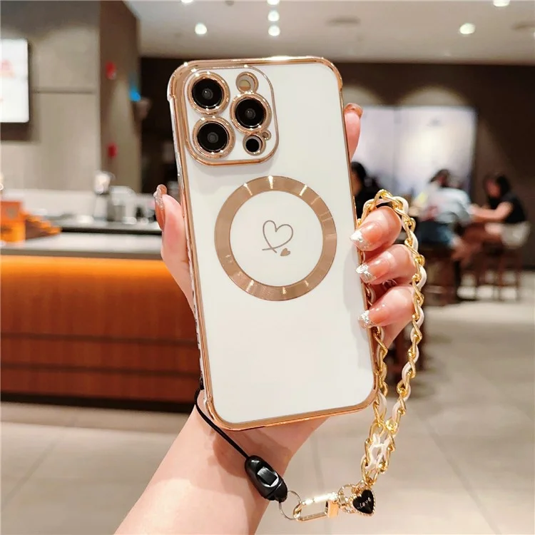 Para Iphone 15 Pro Case Compatible Con Magsafe Electroplacado Love Hearts Tpu Telep Cortada Con Correa de Cadena - Blanco Marfil