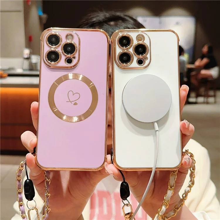 Para Iphone 15 Pro Case Compatible Con Magsafe Electroplacado Love Hearts Tpu Telep Cortada Con Correa de Cadena - Blanco Marfil