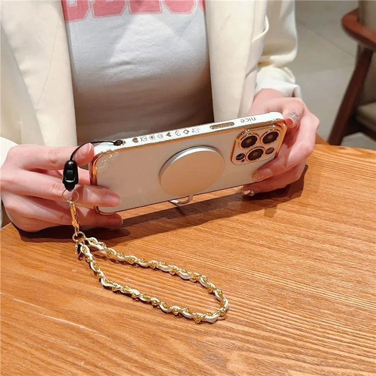 Para Iphone 15 Pro Case Compatible Con Magsafe Electroplacado Love Hearts Tpu Telep Cortada Con Correa de Cadena - Blanco Marfil