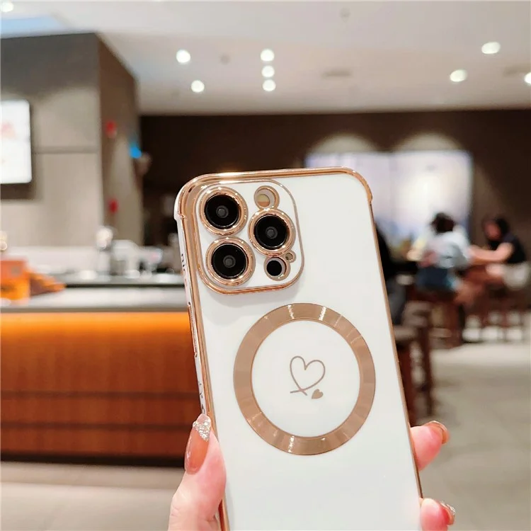 Para Iphone 15 Pro Case Compatible Con Magsafe Electroplacado Love Hearts Tpu Telep Cortada Con Correa de Cadena - Blanco Marfil