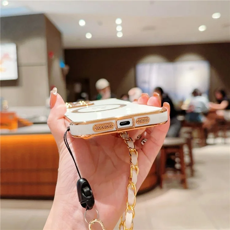 Para Iphone 15 Pro Case Compatible Con Magsafe Electroplacado Love Hearts Tpu Telep Cortada Con Correa de Cadena - Blanco Marfil