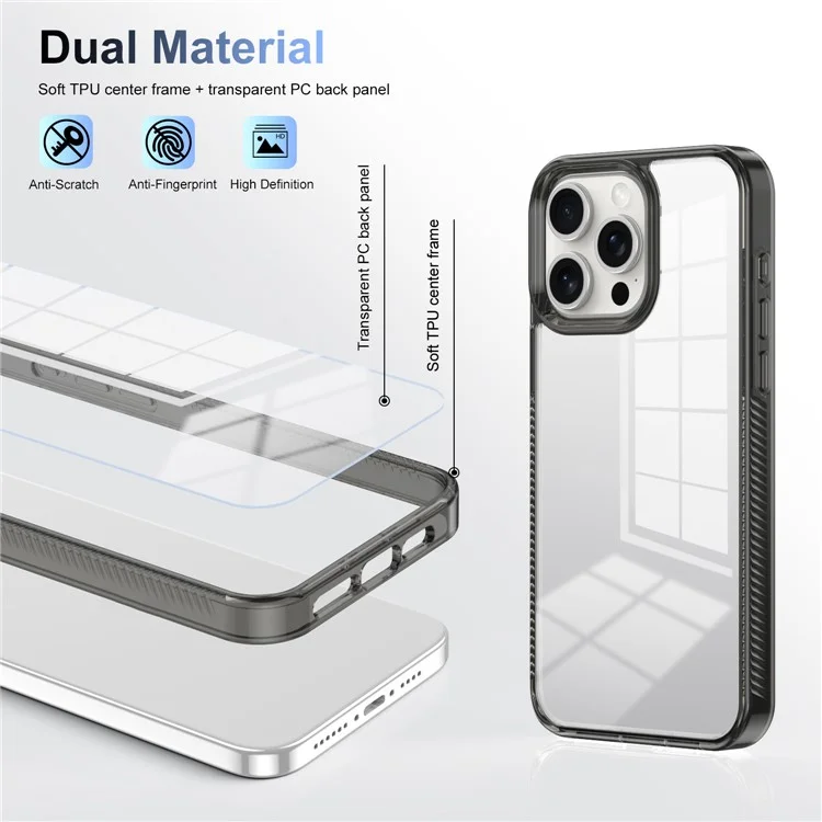 For iPhone 15 Pro Clear Phone Case TPU PC Anti-Slip Drop-Proof Back Cover - Black