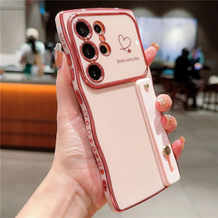Für Samsung Galaxy S23 Ultra Case Love Heart Electroplated TPU -telefonabdeckung Mit Handgelenkriemenständer - Rose Rosa