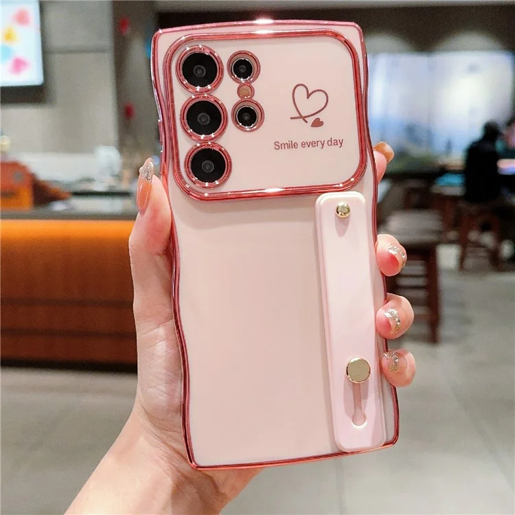 Für Samsung Galaxy S23 Ultra Case Love Heart Electroplated TPU -telefonabdeckung Mit Handgelenkriemenständer - Rose Rosa