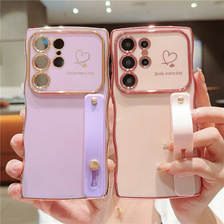 Für Samsung Galaxy S23 Ultra Case Love Heart Electroplated TPU -telefonabdeckung Mit Handgelenkriemenständer - Rose Rosa