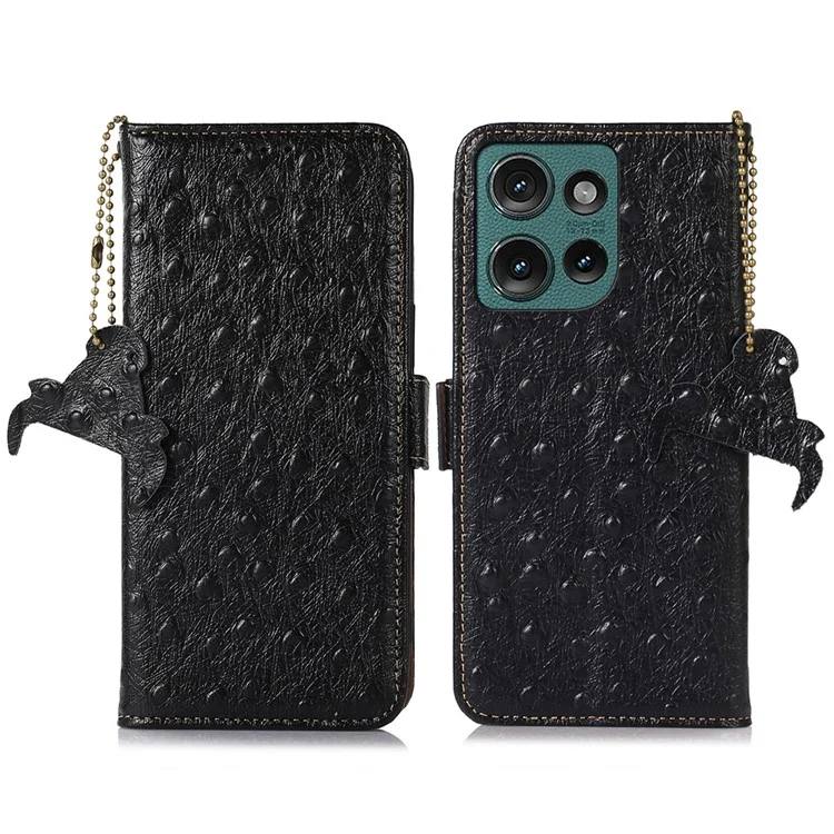 Para Motorola Edge 50 Neo 5G Case RFID Bloqueo de la Caja de Cuero de Vaca Genuina Textura de Avestruz - Negro