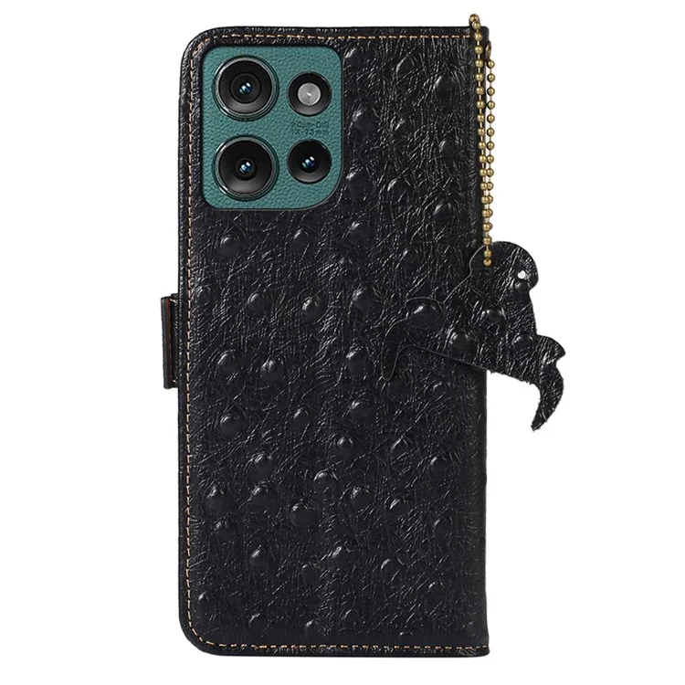Para Motorola Edge 50 Neo 5G Case RFID Bloqueo de la Caja de Cuero de Vaca Genuina Textura de Avestruz - Negro