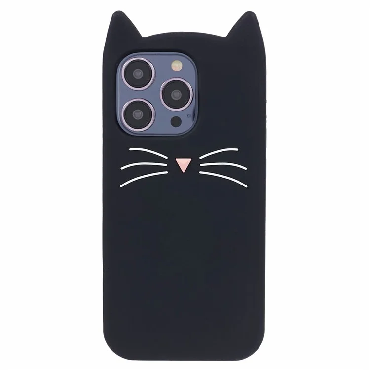 For iPhone 16 Pro Max Silicone Case 3D Moustache Cat Protective Phone Cover - Black
