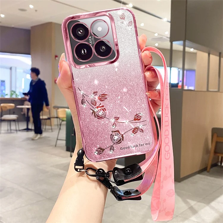 KADEM Per Xiaomi 14T Pro Case Flower Pattern TPU Gradient Phone Cover with Lanyards - Rose Gold