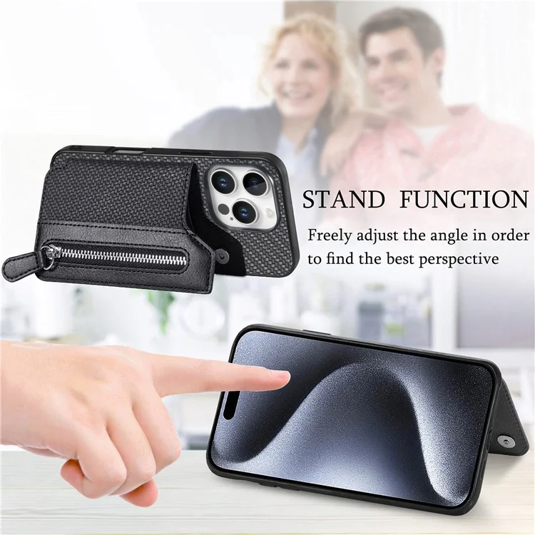 Per Iphone 16 Pro Case Leather+PC+TPU Zipper Wallet Shell Cover - Nero
