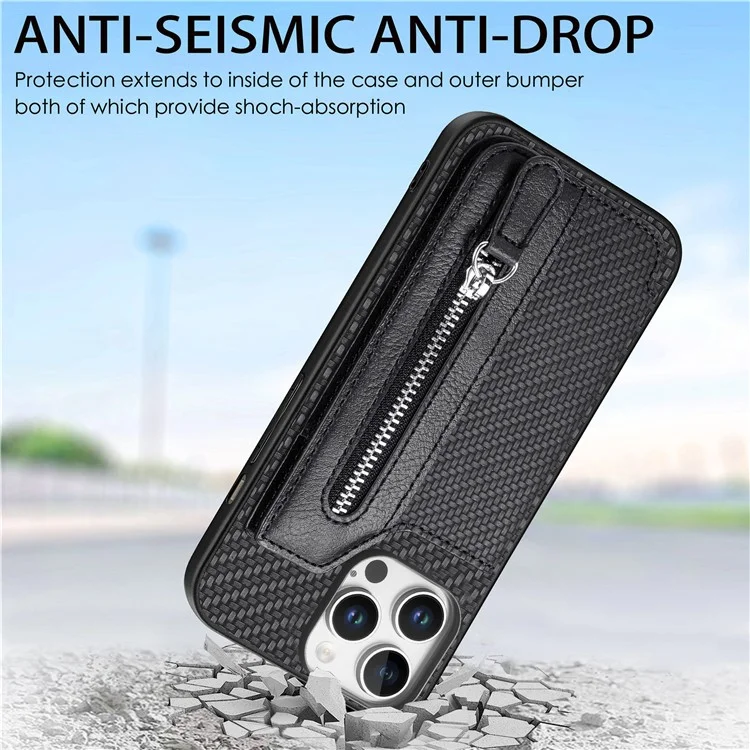 Per Iphone 16 Pro Case Leather+PC+TPU Zipper Wallet Shell Cover - Nero