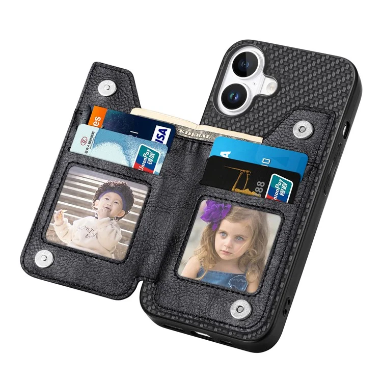 For iPhone 16 Case Leather+PC+TPU Zipper Wallet Phone Shell Back Cover - Black