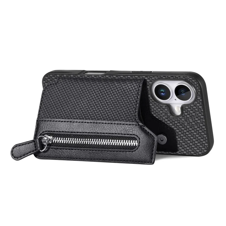For iPhone 16 Case Leather+PC+TPU Zipper Wallet Phone Shell Back Cover - Black