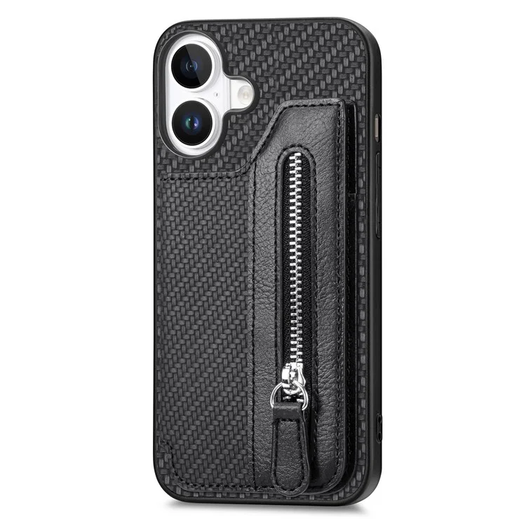 For iPhone 16 Case Leather+PC+TPU Zipper Wallet Phone Shell Back Cover - Black