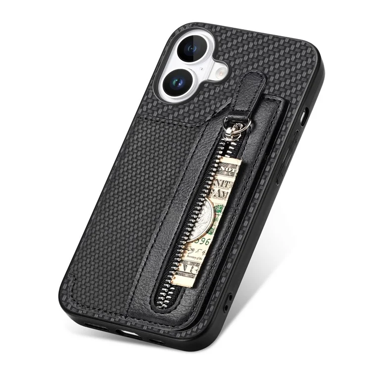 For iPhone 16 Case Leather+PC+TPU Zipper Wallet Phone Shell Back Cover - Black