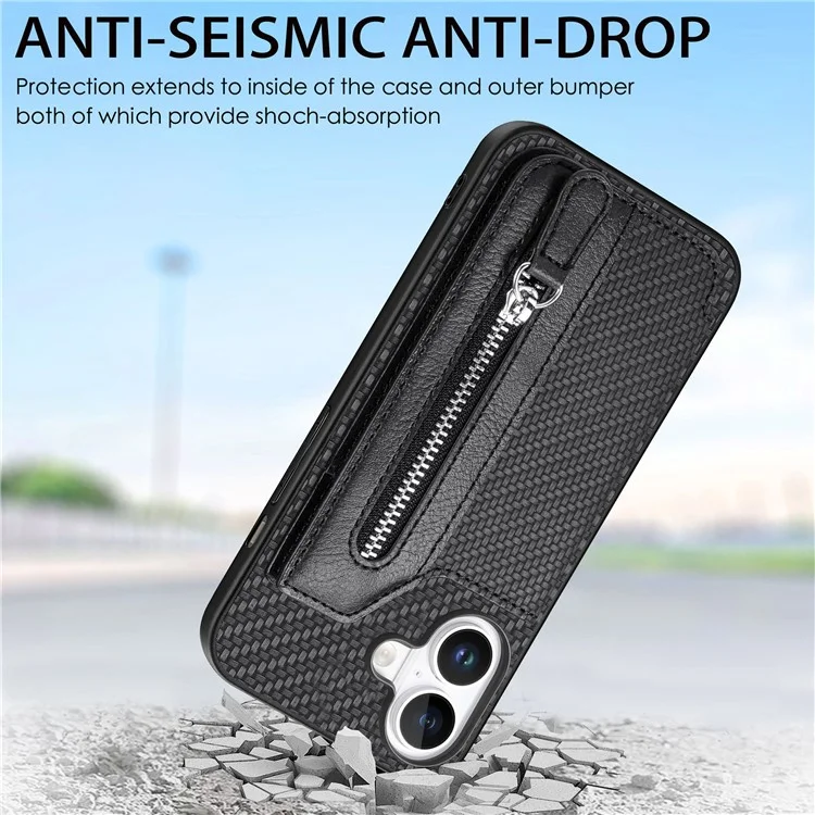 For iPhone 16 Case Leather+PC+TPU Zipper Wallet Phone Shell Back Cover - Black