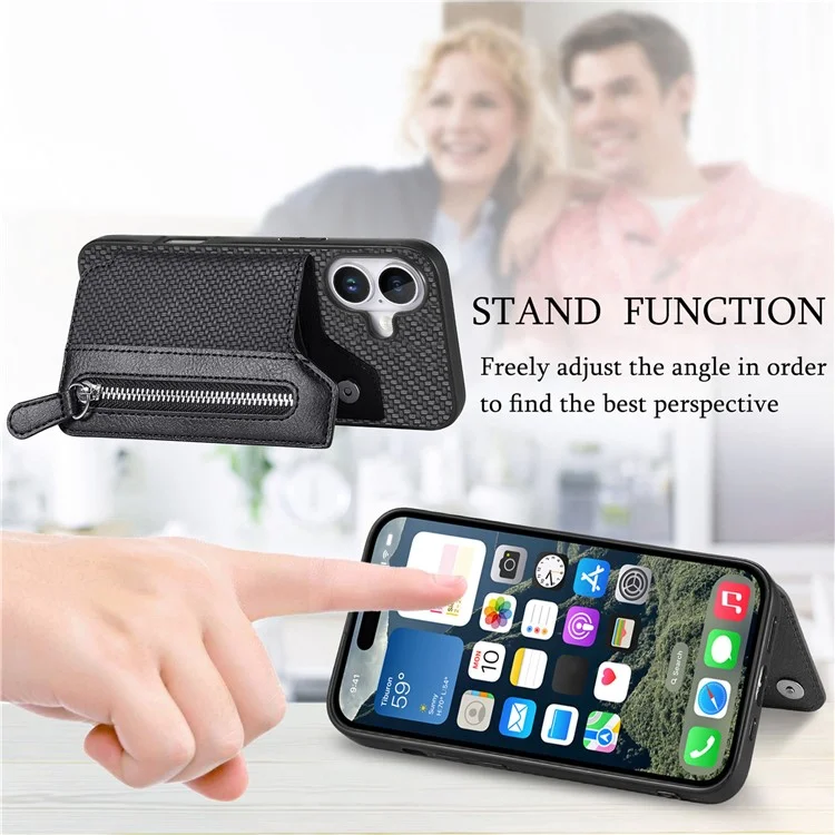 For iPhone 16 Case Leather+PC+TPU Zipper Wallet Phone Shell Back Cover - Black