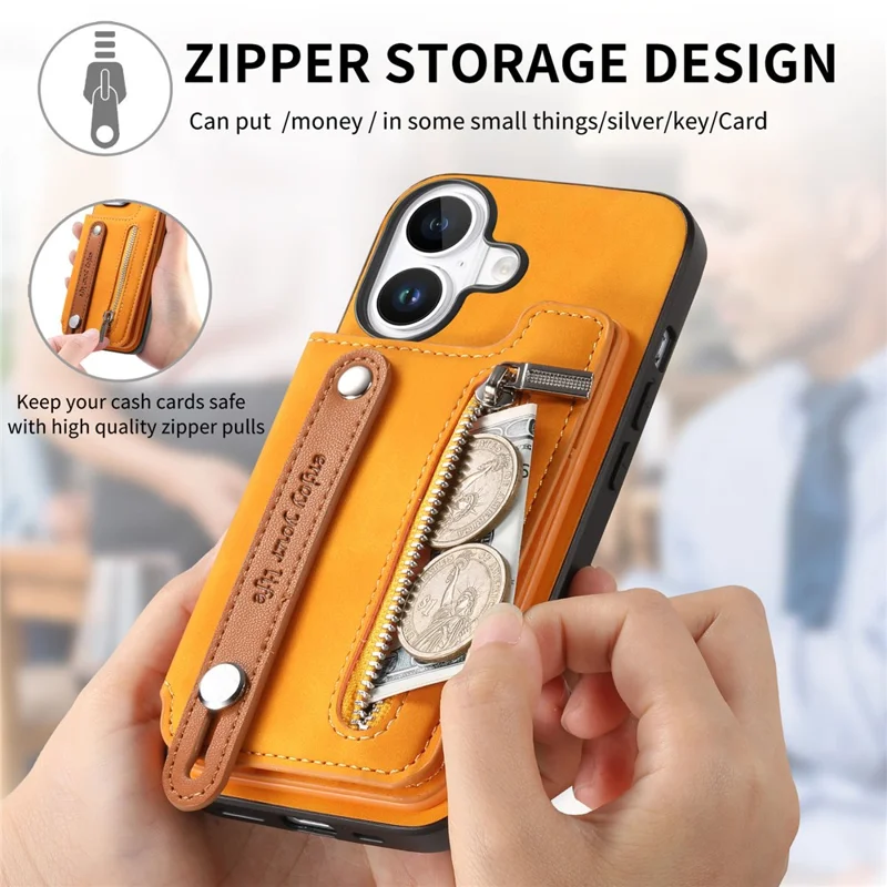 Für Iphone 16 Hülle Reißverschlusskartenhalter Leder+tpu+pc-telefonabdeckung 2-in-1 Magnetabler - Orange