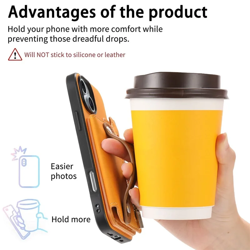 Für Iphone 16 Hülle Reißverschlusskartenhalter Leder+tpu+pc-telefonabdeckung 2-in-1 Magnetabler - Orange