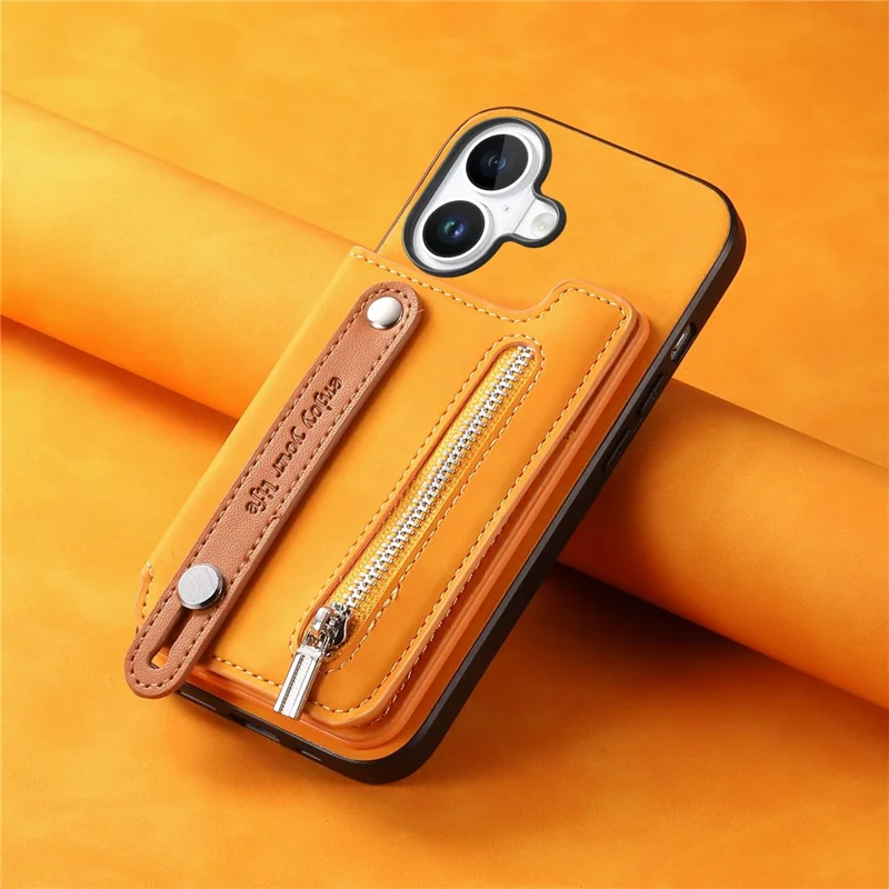 Für Iphone 16 Hülle Reißverschlusskartenhalter Leder+tpu+pc-telefonabdeckung 2-in-1 Magnetabler - Orange