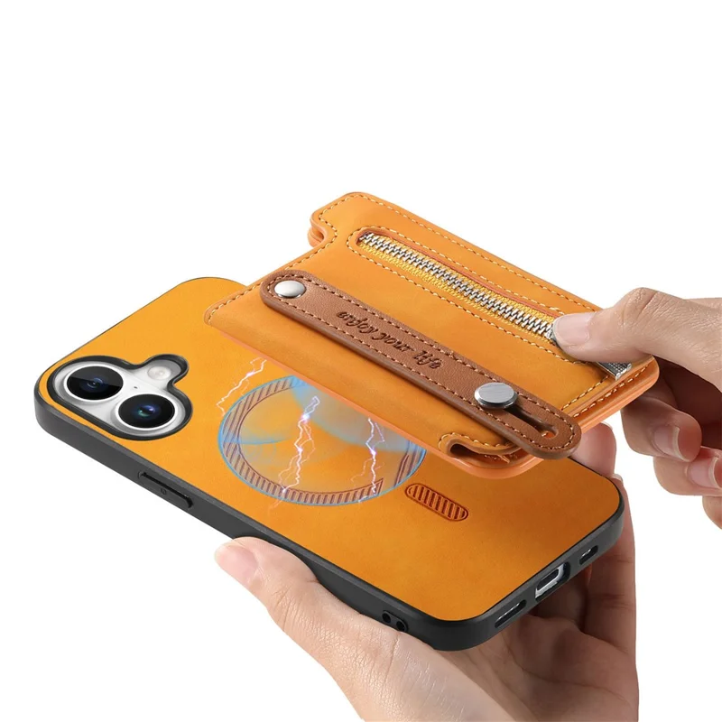 Für Iphone 16 Hülle Reißverschlusskartenhalter Leder+tpu+pc-telefonabdeckung 2-in-1 Magnetabler - Orange