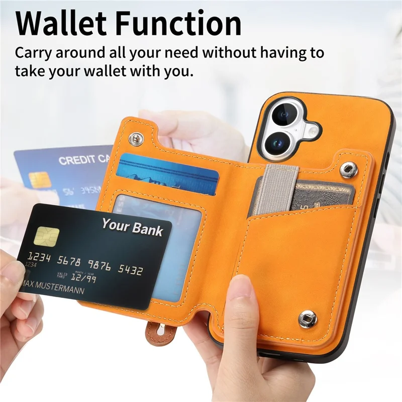 Für Iphone 16 Hülle Reißverschlusskartenhalter Leder+tpu+pc-telefonabdeckung 2-in-1 Magnetabler - Orange