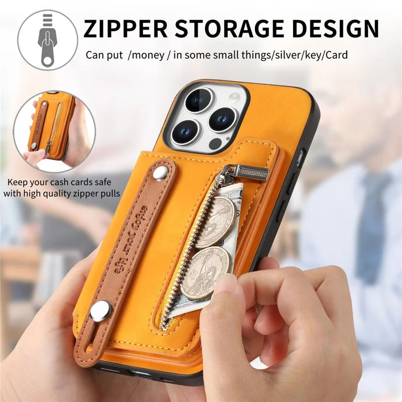 Pour Iphone 16 Pro Case de Carte à Fermeture Éclair Cuir de Carte + Tpu + Couvercle de Téléphone pc 2-en-1 Détachable - Orange