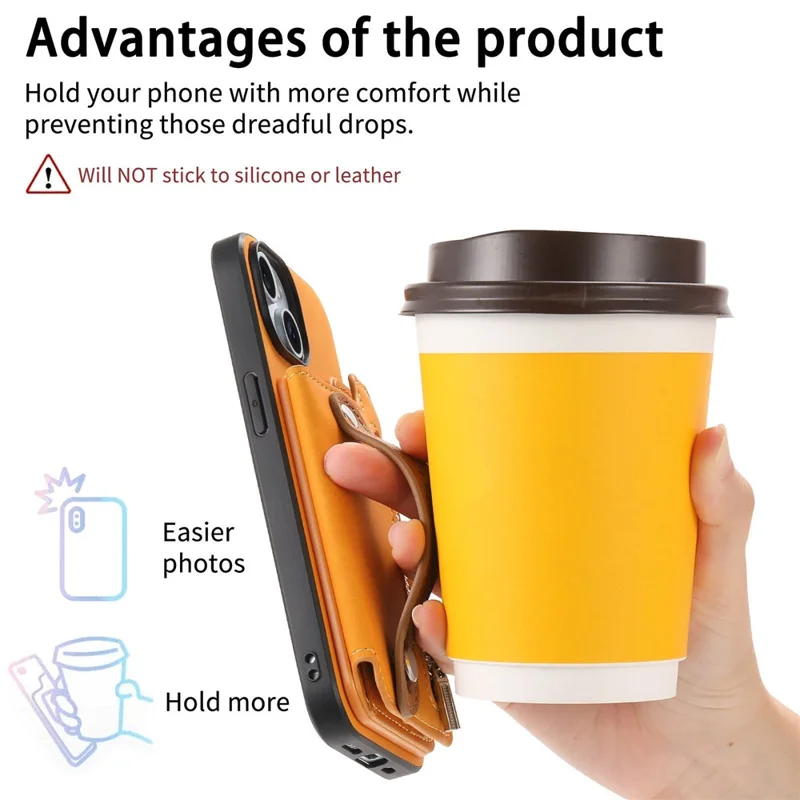 Pour Iphone 16 Pro Case de Carte à Fermeture Éclair Cuir de Carte + Tpu + Couvercle de Téléphone pc 2-en-1 Détachable - Orange