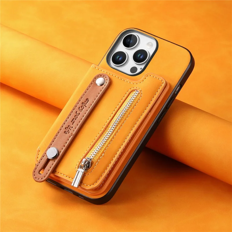 Pour Iphone 16 Pro Case de Carte à Fermeture Éclair Cuir de Carte + Tpu + Couvercle de Téléphone pc 2-en-1 Détachable - Orange