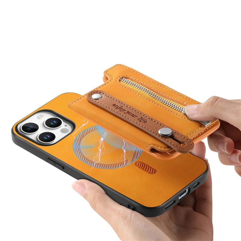 Pour Iphone 16 Pro Case de Carte à Fermeture Éclair Cuir de Carte + Tpu + Couvercle de Téléphone pc 2-en-1 Détachable - Orange