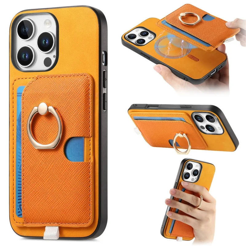 Para Iphone 16 Pro Max Case Ring Leather+TPU+PC Telep Sporter de Tarjeta 2-en-1 Desestimable - Naranja