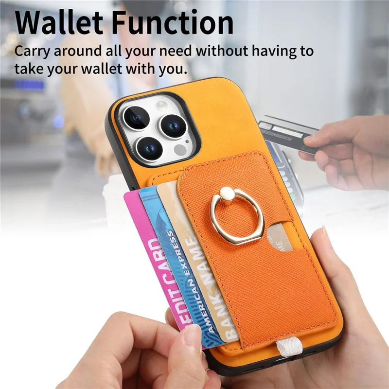 Para Iphone 16 Pro Max Case Ring Leather+TPU+PC Telep Sporter de Tarjeta 2-en-1 Desestimable - Naranja