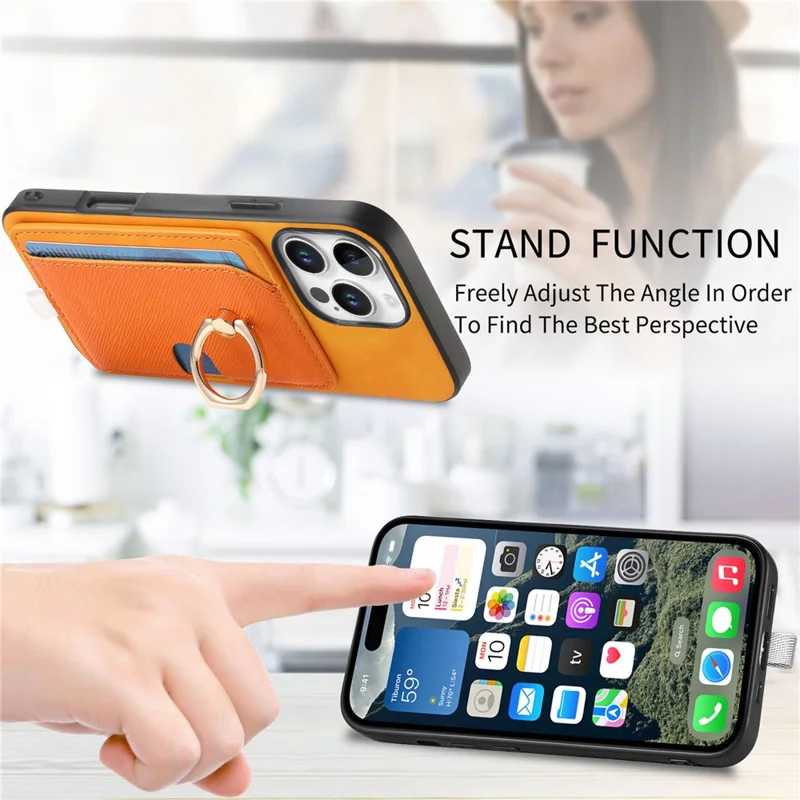 Para Iphone 16 Pro Max Case Ring Leather+TPU+PC Telep Sporter de Tarjeta 2-en-1 Desestimable - Naranja